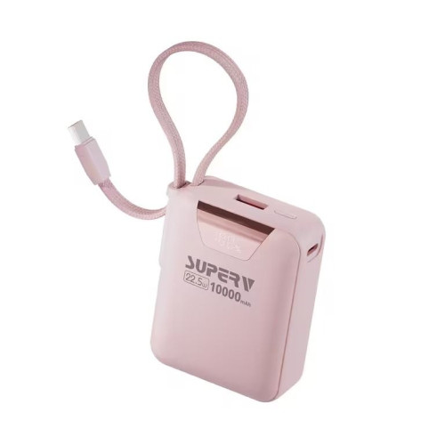 SUPERV Power15 超細行動電源 10000mAh 22.5W快充 - 粉紅色| 內置Type-C線 | 通過CCC認證有二維碼 | 香港行貨