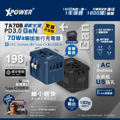 XPower TA70B 8輸出 PD/PPS 70W Gan旅行充電器 | 黑色 | 香港行貨