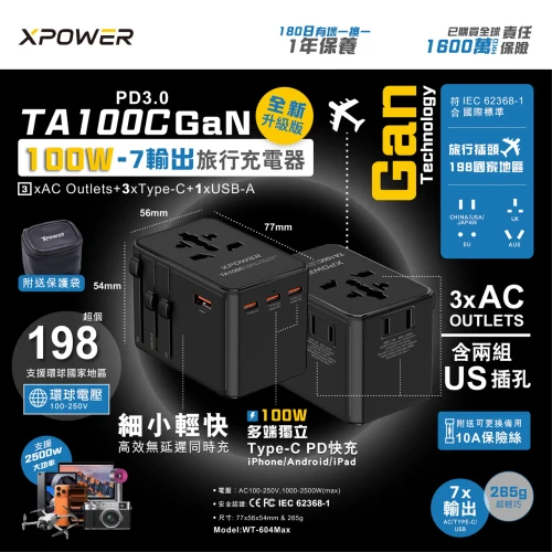 XPOWER TA100C 7輸出 PD 100W Gan旅行充電器 | 黑色 | 香港行貨