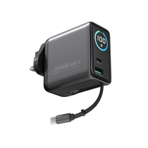EGO 100W OPTIMUM GaN3 旅行充 - 黑色 | OLED螢幕顯示 | GaN第三代晶片 | 8重安全保護 | 65cm伸縮線 100W快充 | 香港行貨