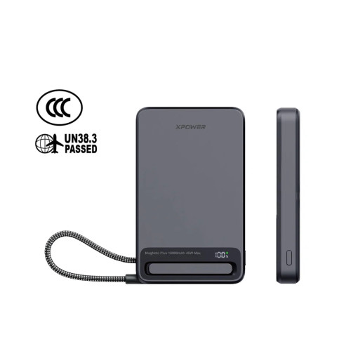 XPower MagNetoPlus Q10 Pro 5A鋁合金磁吸移動電源(10000mAh) - 灰色 | 45W PD3.0快充 | 支架及數顯功能 | 3C可追溯二維碼 | 內置Type-C充電線 | 香港行貨