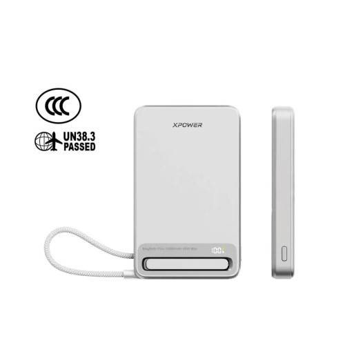 XPower MagNetoPlus Q10 Pro 5A鋁合金磁吸移動電源(10000mAh) - 銀色 | 45W PD3.0快充 | 支架及數顯功能 | 3C可追溯二維碼 | 內置Type-C充電線 | 香港行貨