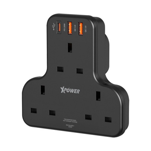 XPower WSS2 多功能T型萬能插蘇 - 黑色 | 一機多用T型設計 | 3插頭+1 Type-C+2 USB | 13A保險絲+電路保護 | 香港行貨