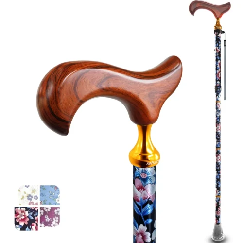 Rehand 花卉印花鋁合金可調式輕量拐杖 - 彩藍色 | 鋁合金 + 鎂鋁合金材質 | 木質握把 |香港行貨