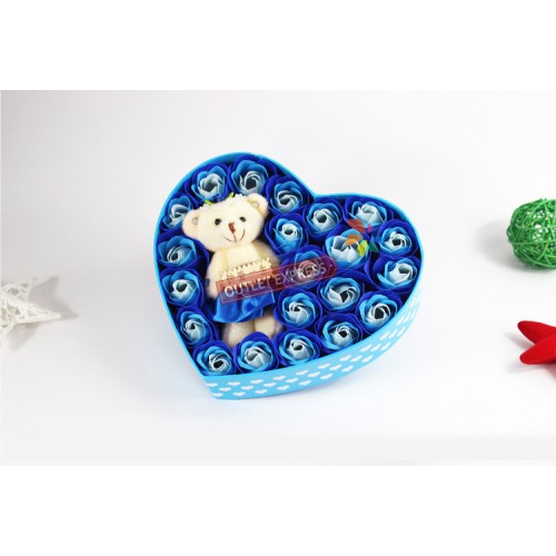 21朵心形小熊香皂玫瑰花禮盒 | 保鮮永生花 - 藍色