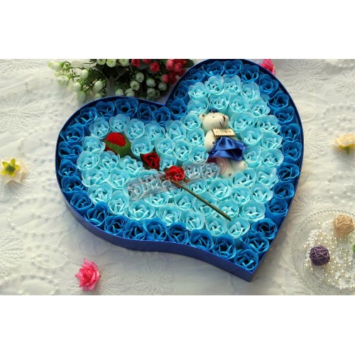 92朵心形小熊香皂玫瑰花禮盒 | 保鮮永生花 - 藍色