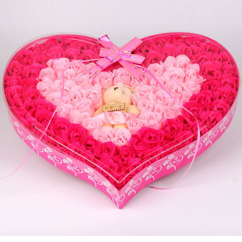 92朵心形小熊香皂玫瑰花禮盒 | 保鮮永生花 - 粉紅色