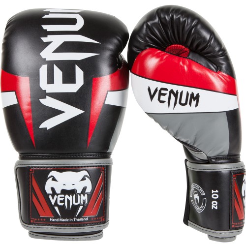 Venum Elite 專業成人泰拳拳套 | 純泰國手工製 Skintex皮革 - 10oz 黑灰