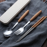 日式木柄不銹鋼餐具套裝 | 叉勺筷子湯匙羹 - 木色