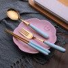日式木柄不銹鋼餐具套裝 | 叉勺筷子湯匙羹 - 藍色