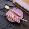 日式木柄不銹鋼餐具套裝 | 叉勺筷子湯匙羹 - 粉紅色