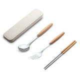 日式木柄不銹鋼餐具套裝 | 叉勺筷子湯匙羹 - 木色