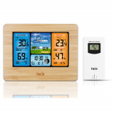 FanJu LCD 竹面室內外天氣報告鬧鐘 | 溫濕度及氣壓檢測  帶無線室外感測器 - 木色