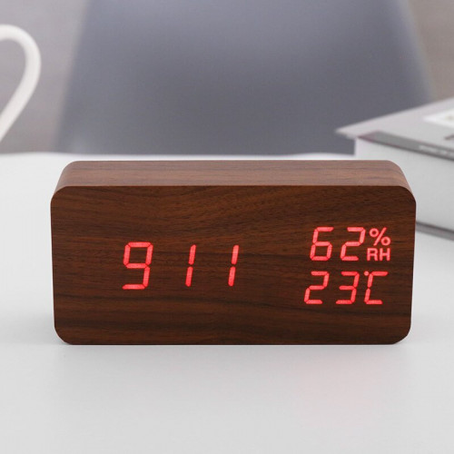 YP015 LED時尚木質數字鬧鐘 | 溫濕度顯示床頭鐘木頭鐘 - 深啡色