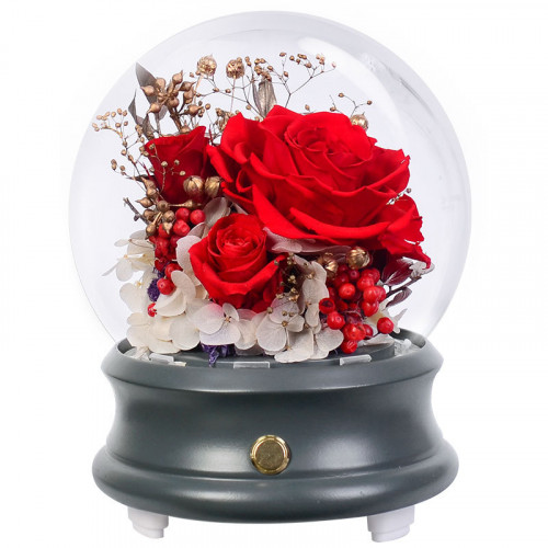 圓球玻璃罩永生玫瑰花藍牙音箱 - 女王紅